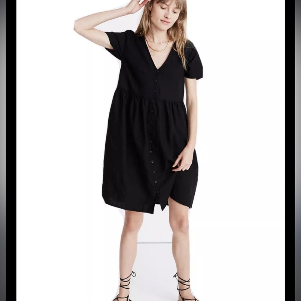 Madewell Linen-Cotton Blend Button-Front Mini Babydoll Dress Black Small